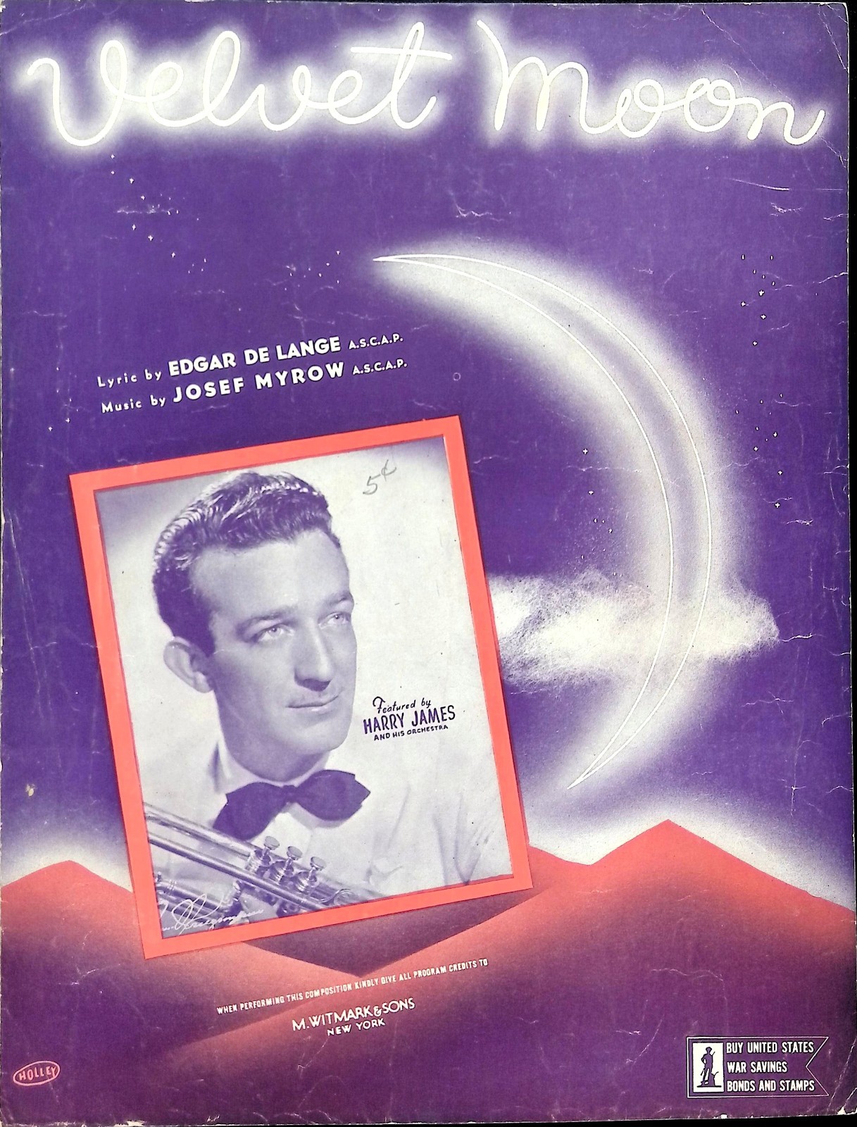 Velvet Moon Sheet Music Harry James Josef Myrow Edgar De Lange 1942 Swing Jazz