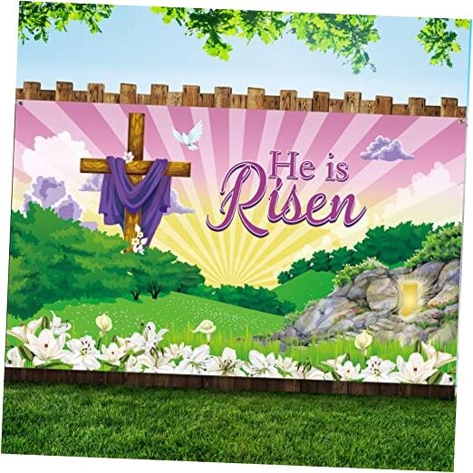  Happy Easter Day Decorations He is Risen Backdrop Photography Banner, Large 