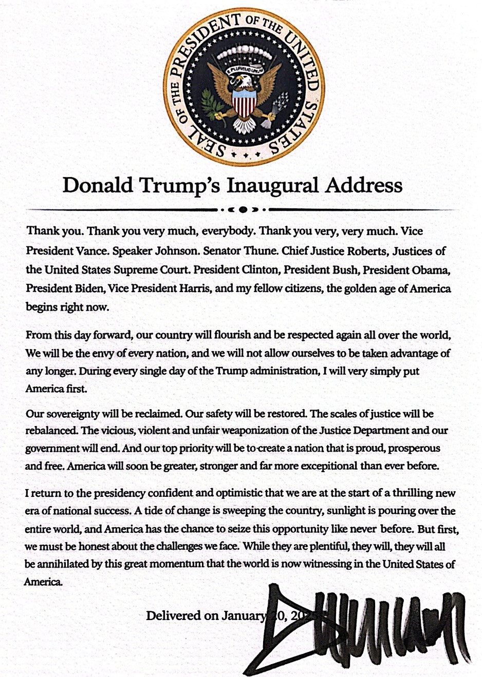 Donald Trump Signed Inaugural Address A4 – Hand Signed Autograph – President