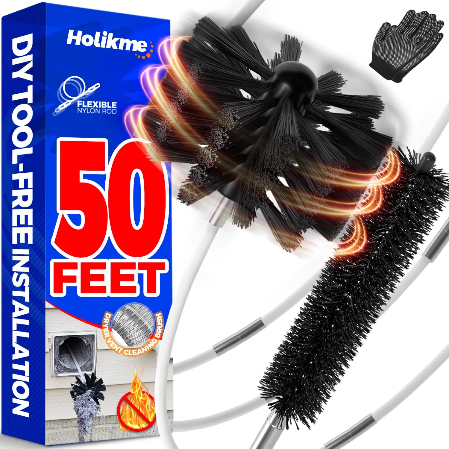 Holikme 50Feet Dryer Vent Cleaner Kit - Flexible Lint Brush 50feet, Black 