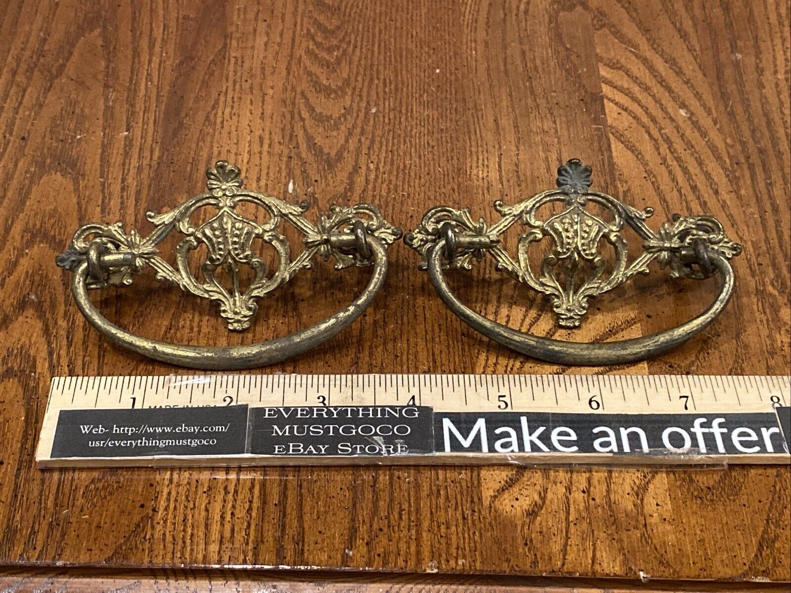 2 Antique Victorian Brass Drop Bail Handle Drawer Pulls Ornate 3” Center Holes