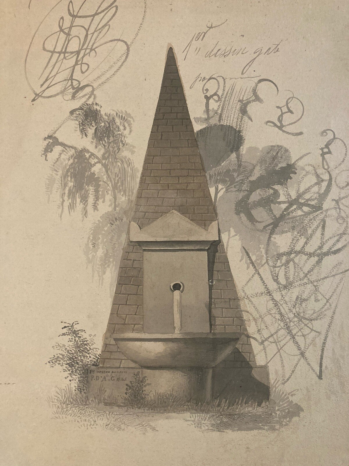 beau Dessin Fontaine Eau Lavis Encre XIXe Romantisme Architecture Paysage Art