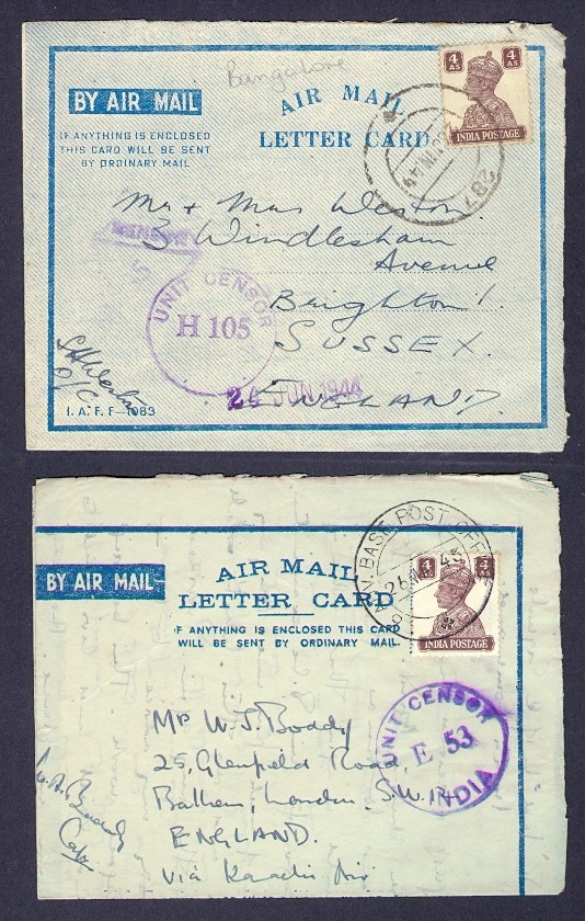 INDIA 2 WWII CENSORED MILITARY AIR LETTERS TO UK