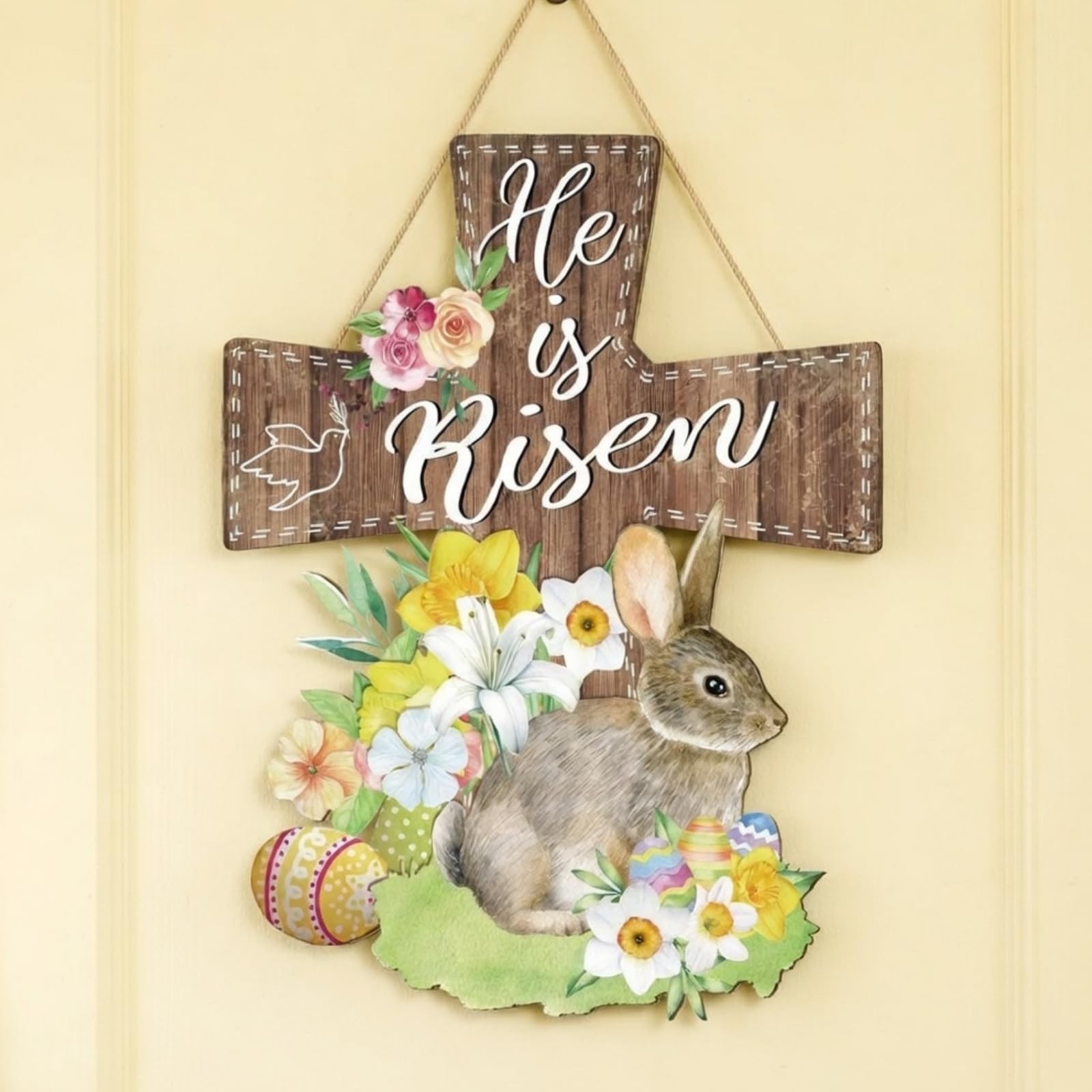 He is Risen Door Sign Easter Cross Door Sign Religious Christian Wooden Hanging 