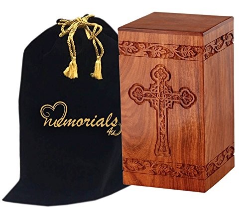 Solid Rosewood Cremation Urn with Hand-Carved Cross Design for Human Ashes