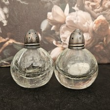 Vintage Mid-Century Crackle Glass Salt & Pepper Shakers | Sterling Silver Tops