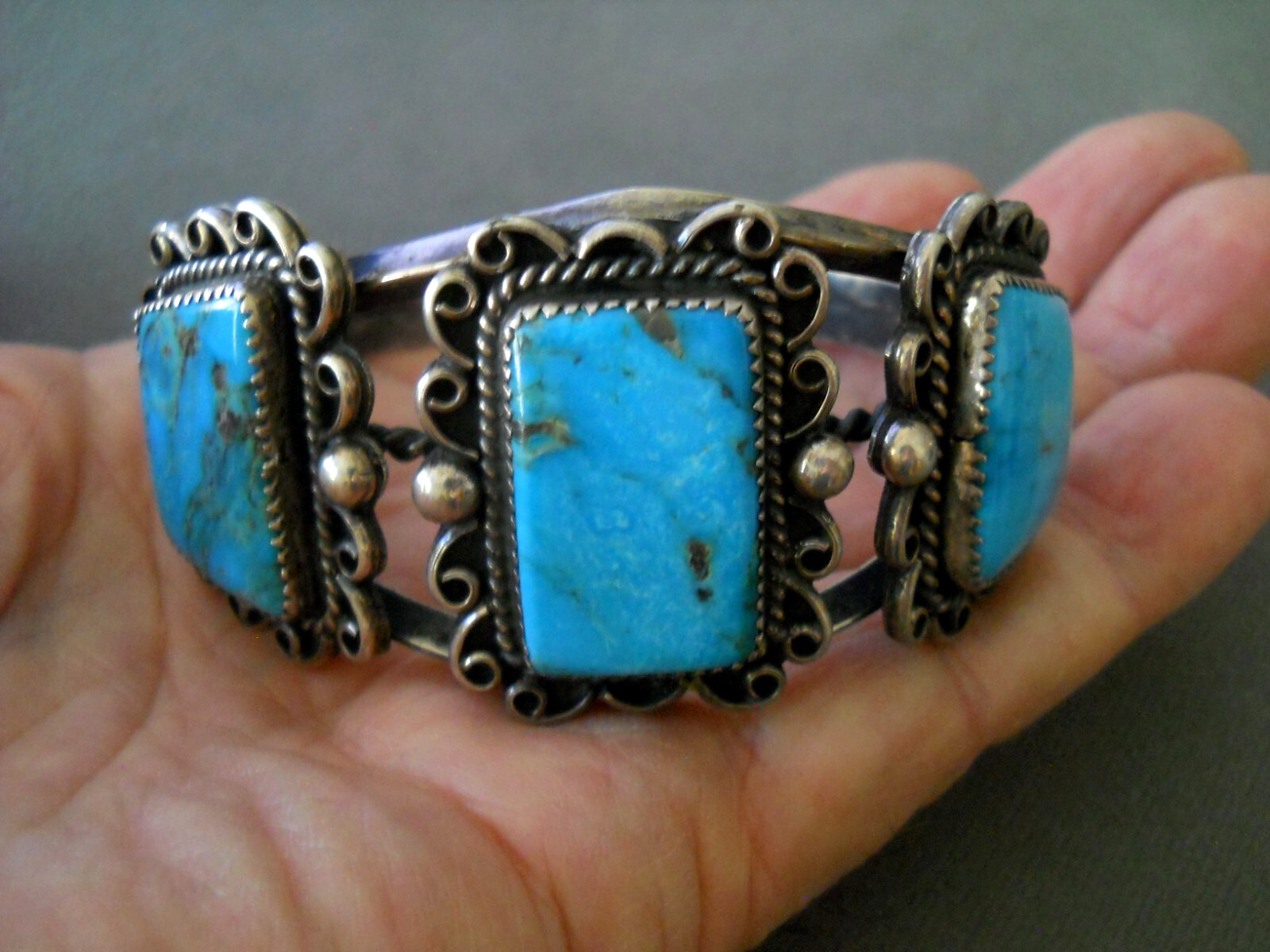 Southwestern Native American Rich Blue Turquoise Sterling Silver Cuff Bracelet