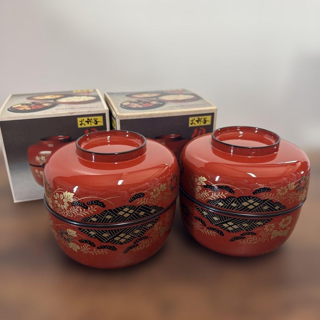 Maki-e traditional A set of two beautiful vermilion lacquered bento bowls rare