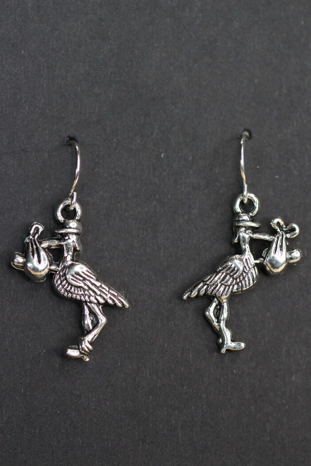 Stork Baby Charm Earrings 925 Sterling Silver Hooks Pewter Charms New Mom 1.25"