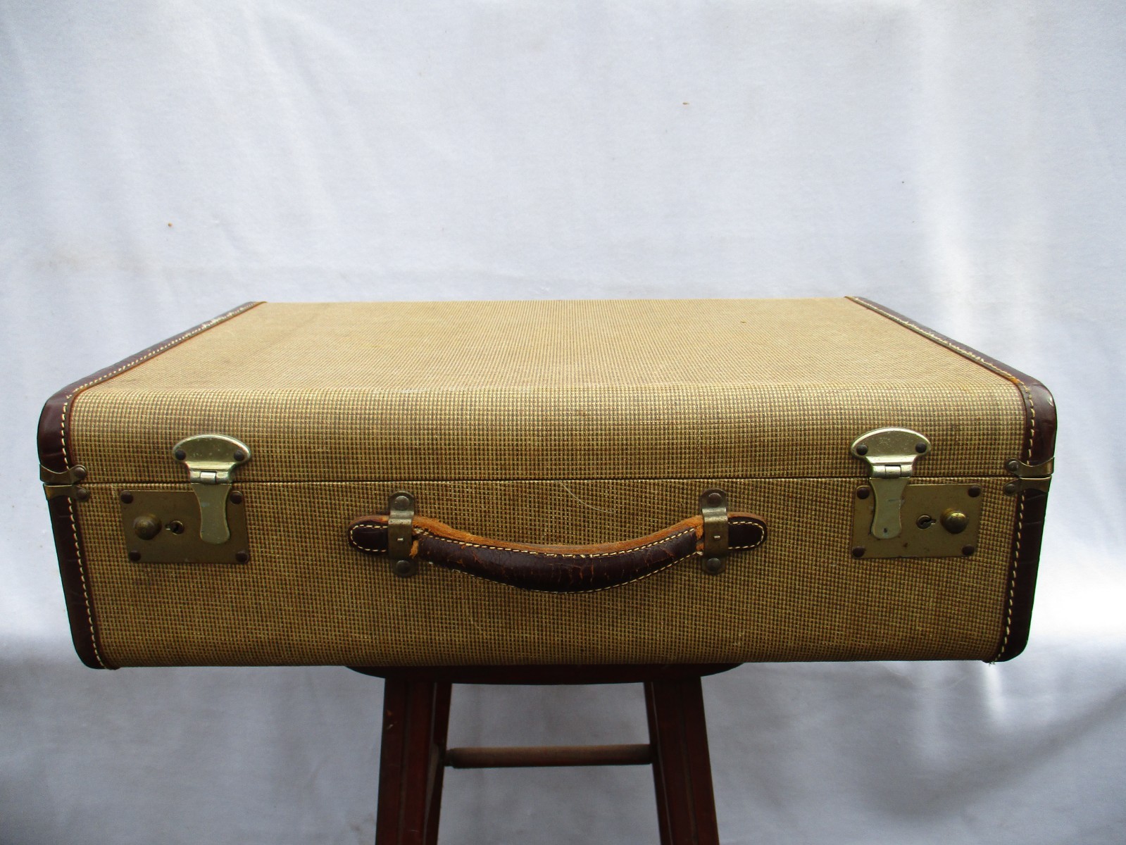 Brown/Yellow Tweed Vintage Leather Suitcase Luggage 21x14x7 Free Shipping USA