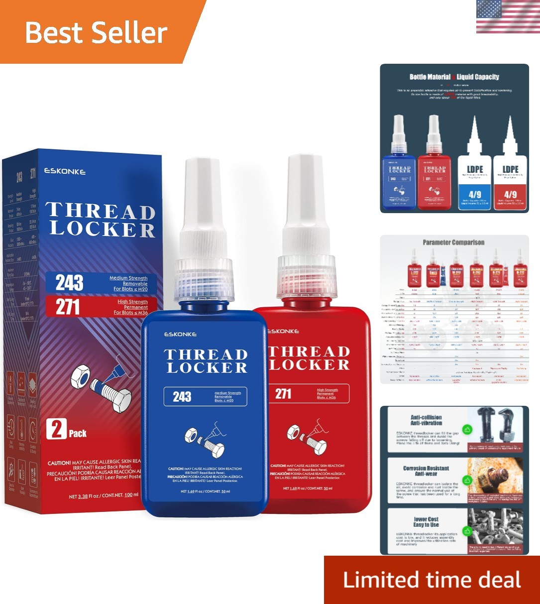 2-Pack Blue 243 & Red 271 Thread Lock Adhesive - Anti-Corrosion Solution