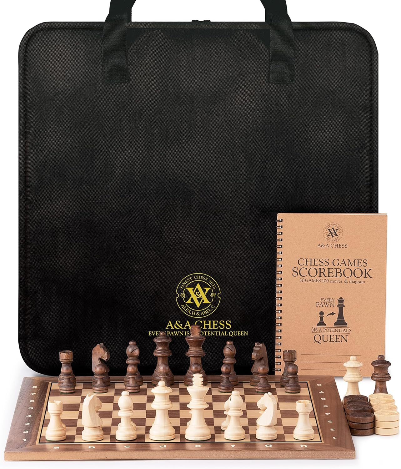 Professional Wooden Chess and Checkers Set, 15.5" Wooden Board with 3" Weighted 