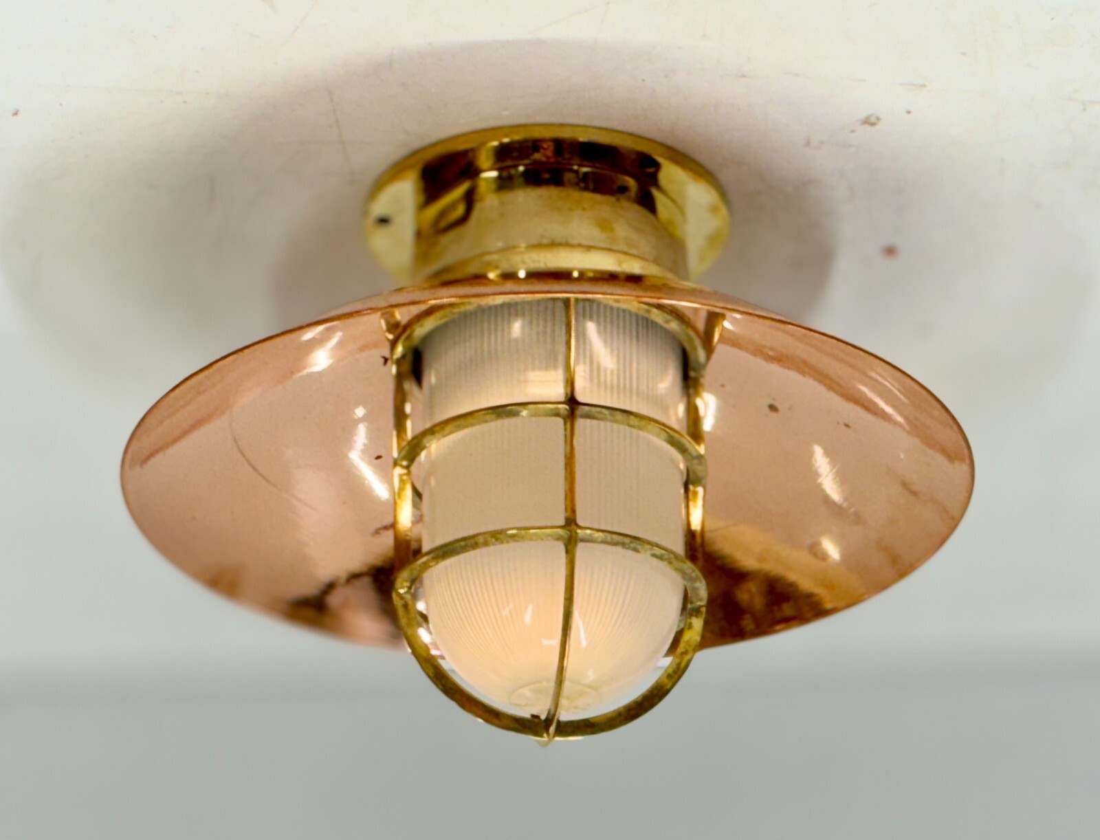 Antique Brass Cargo Lights Set of 2 Copper Shade White Glass Nautical Vintage