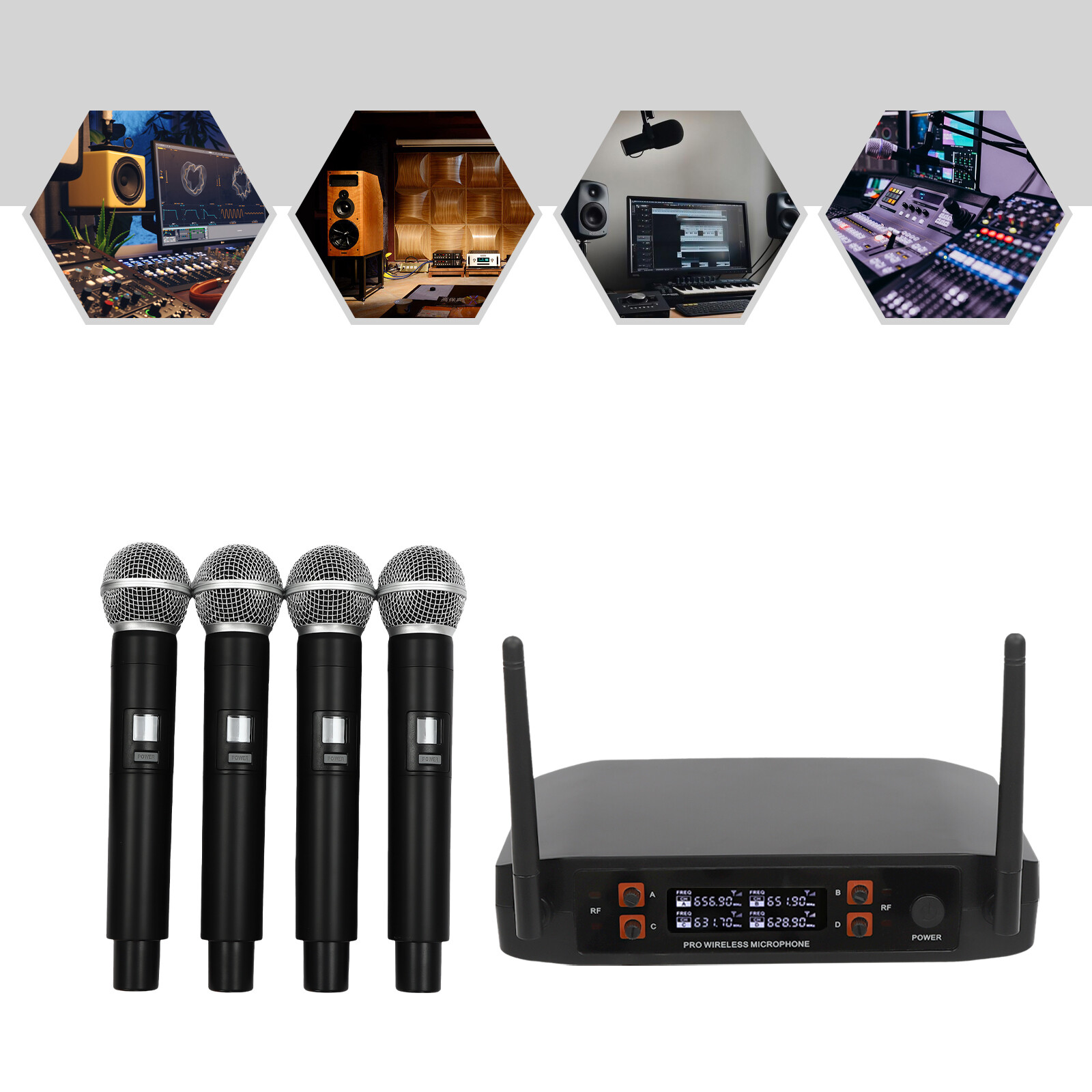 KTV Microphone System Wireless Receiver Karaoke Kit & 4-Handheld Microphone