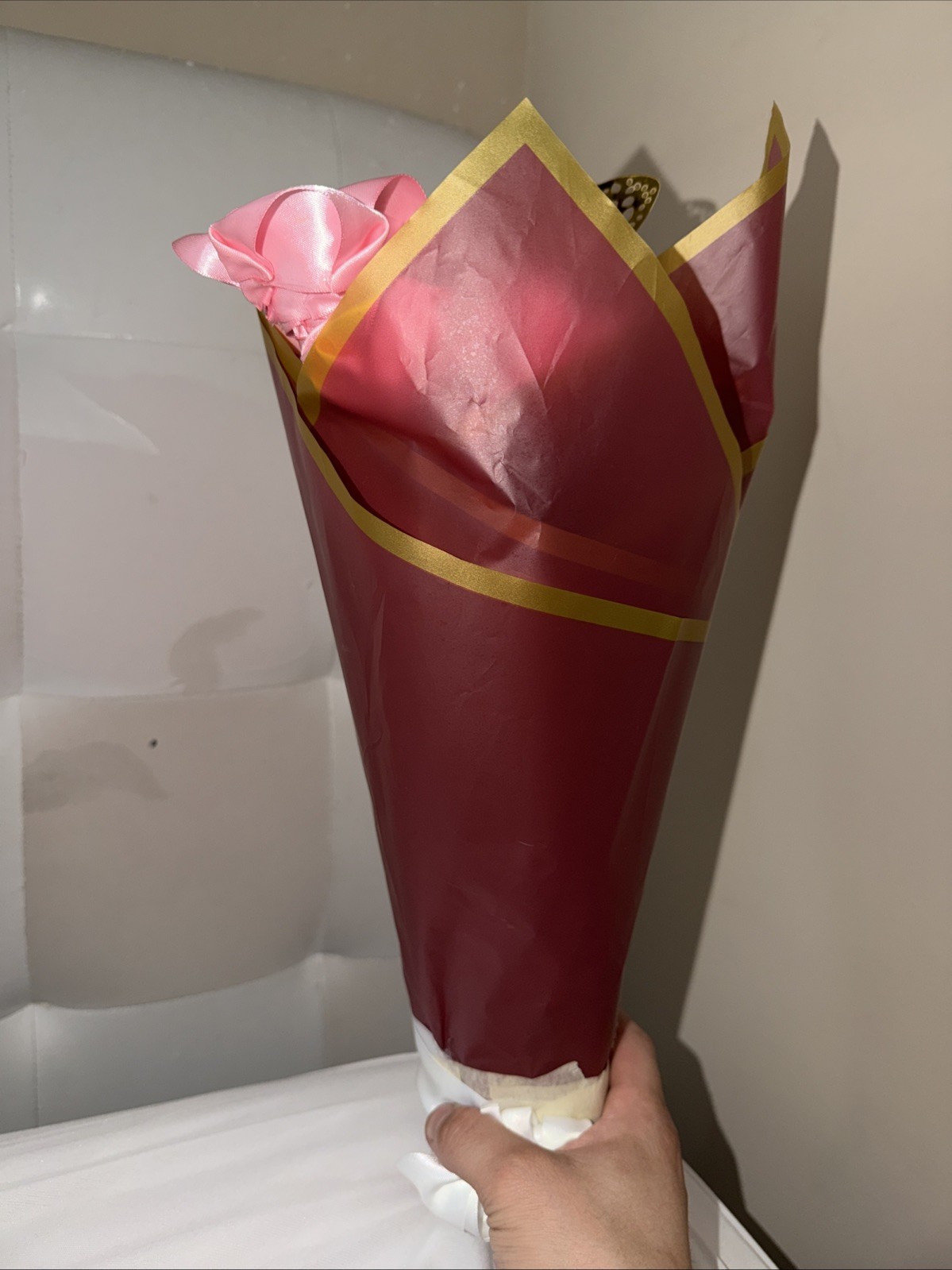 Homemade Ribbon Rose Flower Bouquet Pink And Golden Butterfly’