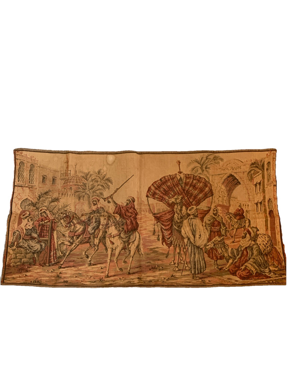 ANTIQUE 1920 Tapestry  Wall Hanging Arabian Moorish  Horses Guns  36x19” Italy