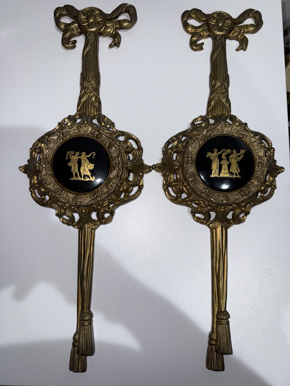 Vintage Victorian Brass Wall Hanging Plaques Art Deco Greek Figures Black