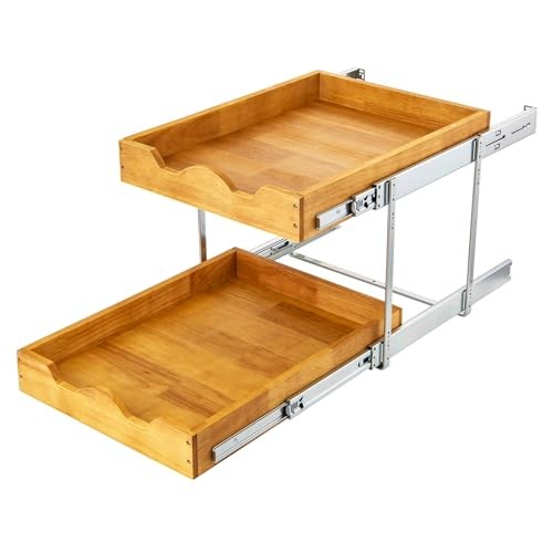  2 Tier Pull Out Cabinet Organizer () Double 14" W x 21" D Oak Wood, 2 Tier