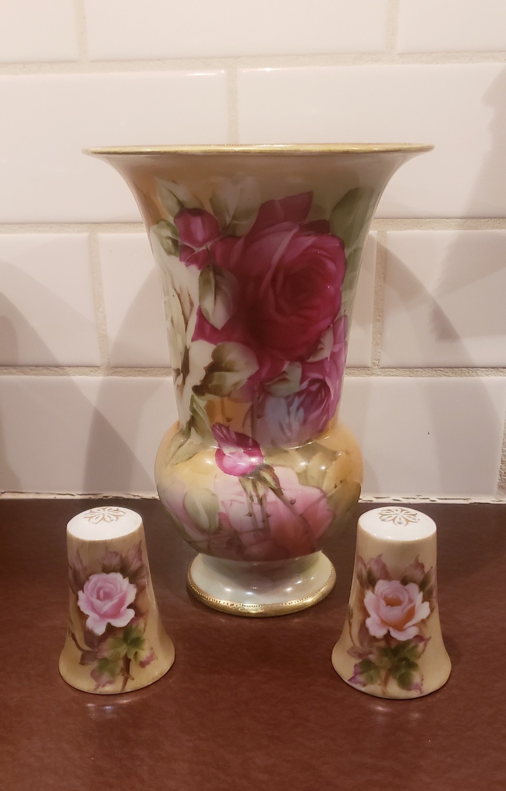 Antique Nippon Rose Porcelain Vase 8" with VTG Lefton Heritage Rose S&P Shakers