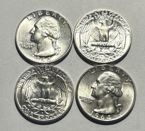 $1 FV - 4 X Washington Silver Quarters - 90% Silver AU/BU