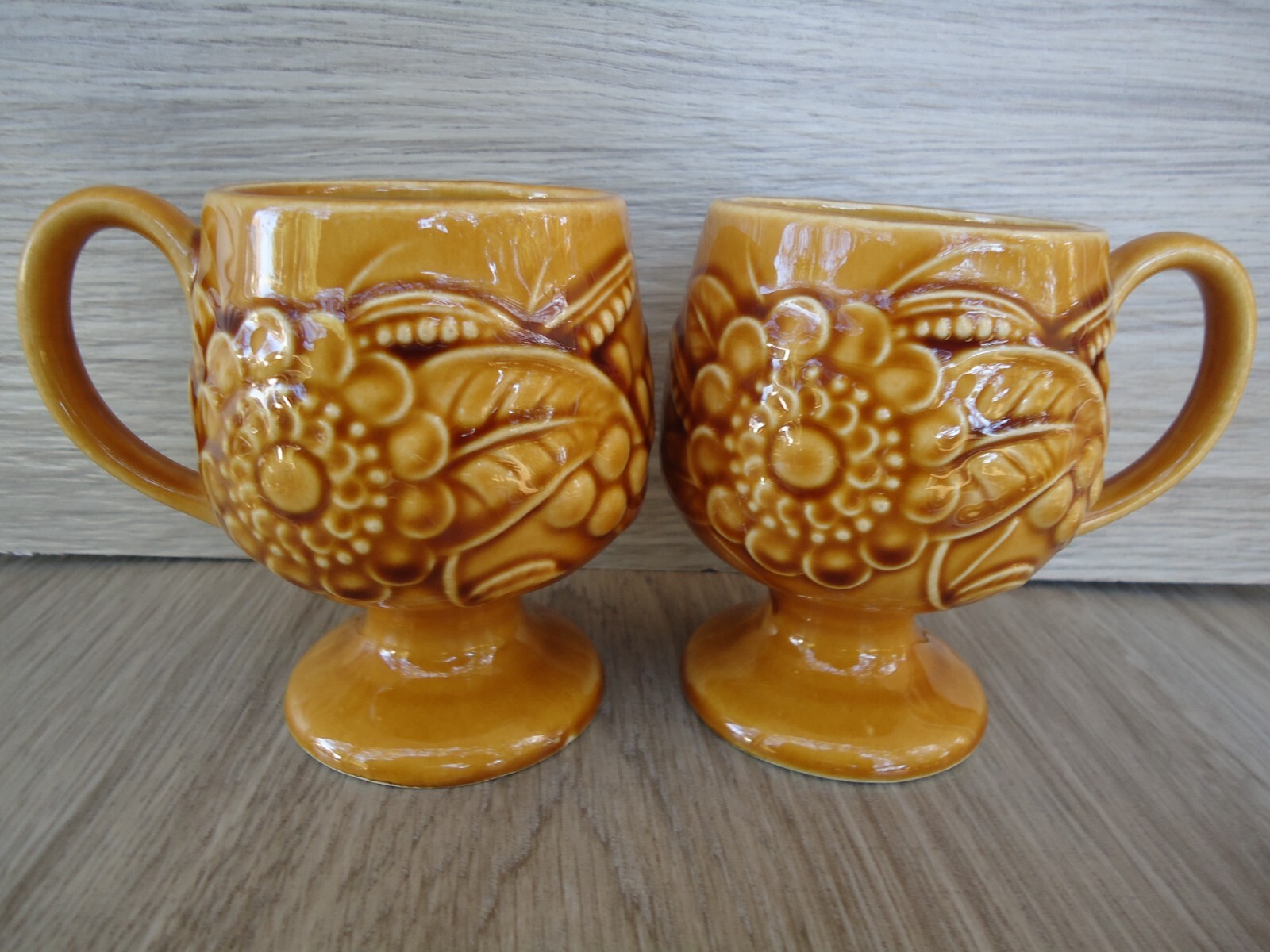 VTG Harvest Gold Brown Floral Pedestal Coffee Tea Cup Pair 70s 80s Retro Kitchen