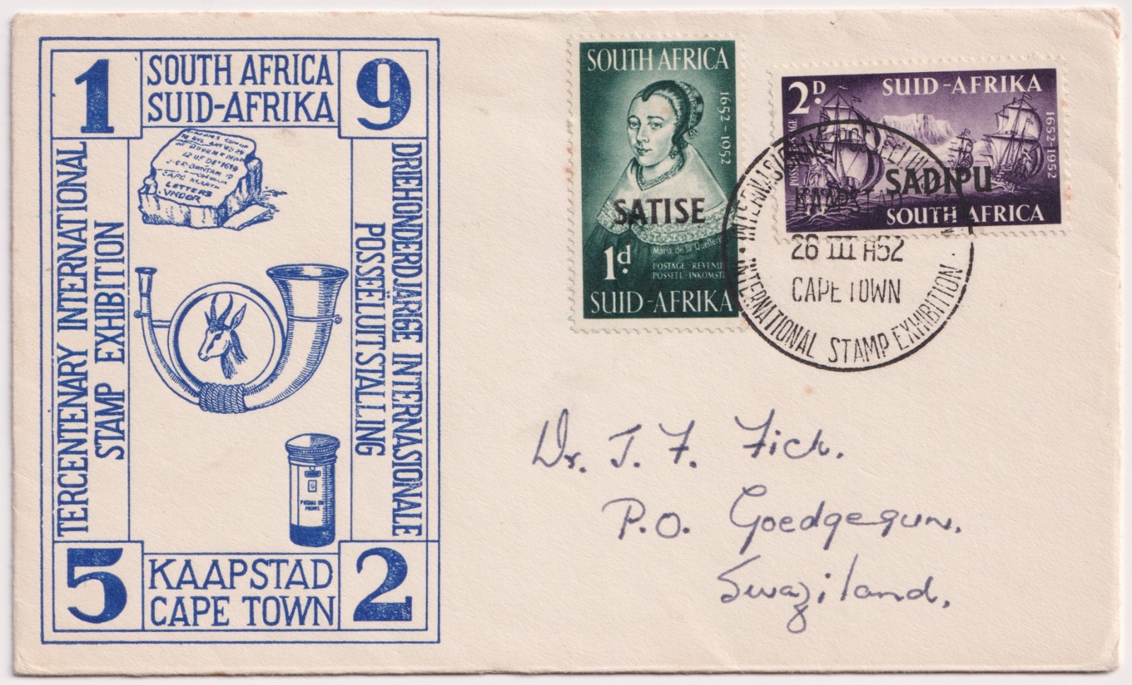 1952 South Africa SATISE Tercentenary Stamp Exhibition FDC Cape Town Cancel