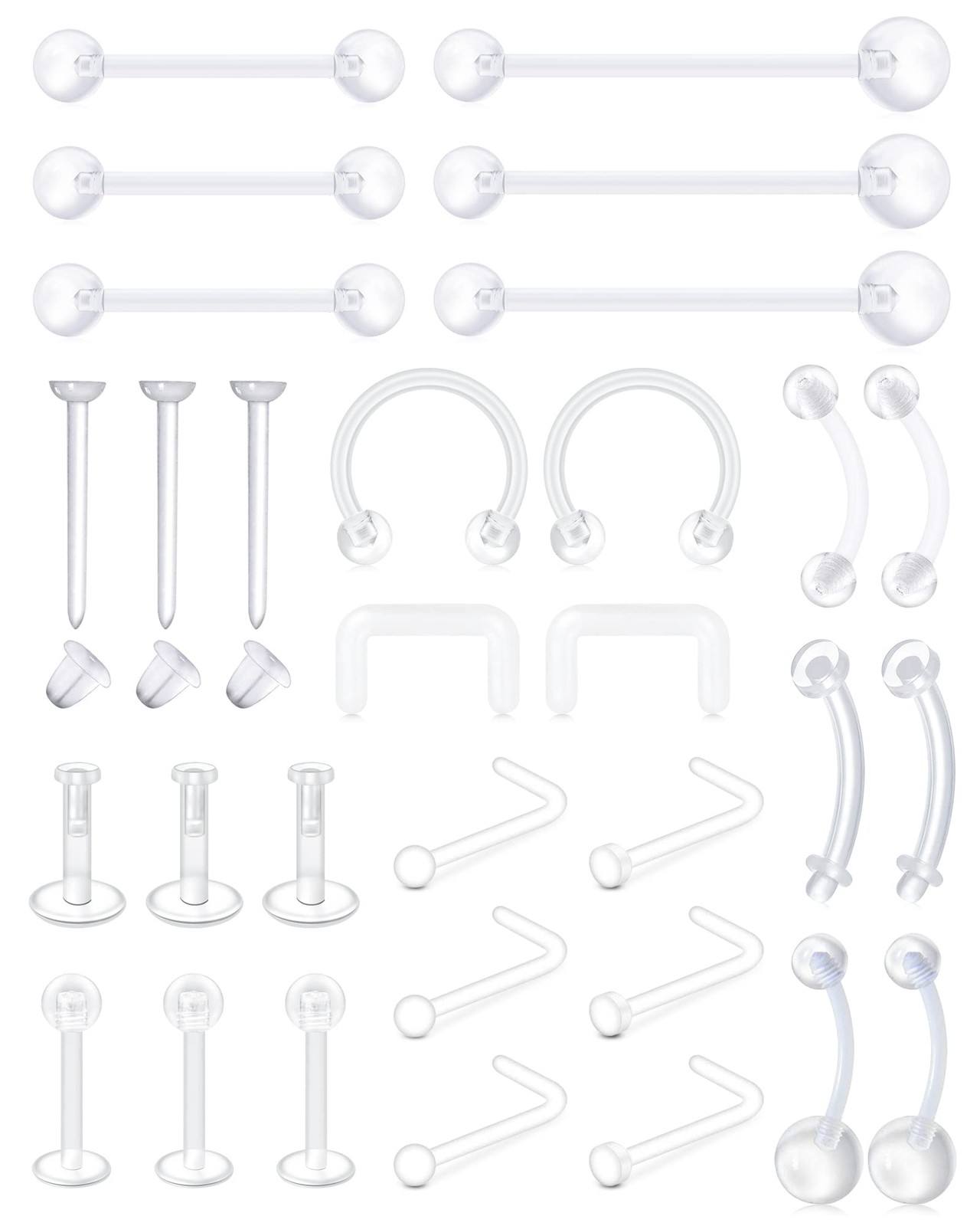 MODRSA Nose Studs and Rings - Clear 1-piercing retainers-mix 31pcs 