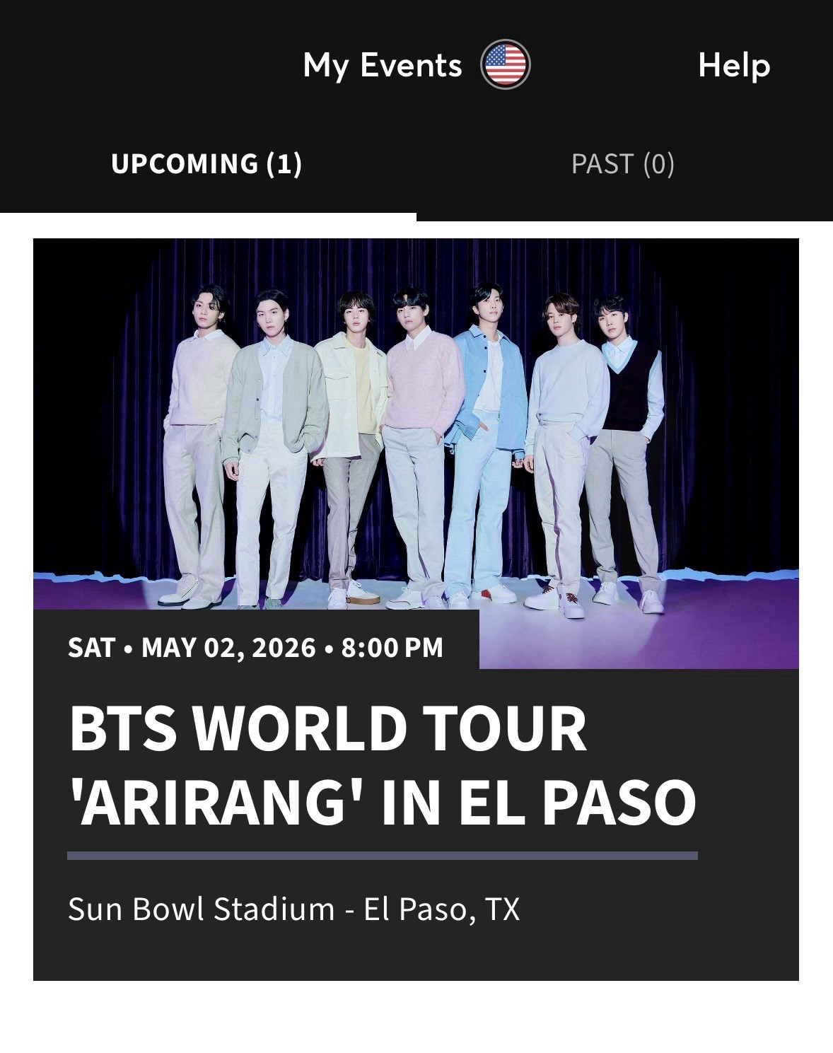 2 BTS ARIRANG CONCERT TICKET (May 2nd 2026 @ Sun Bowl Stadium)