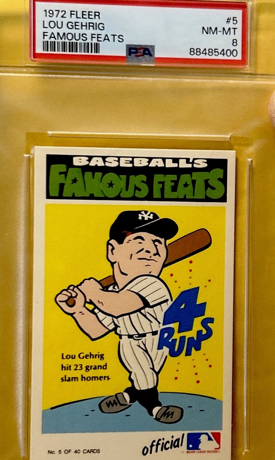 1972 LOU GEHRIG FLEER Baseball Card. PSA 8 NM-MINT  "BASEBALLs FAMOUS FEATS" HOF
