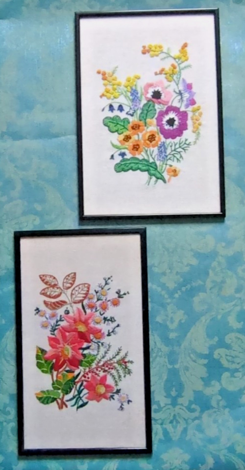 2 DELIGHTFUL HANDCRAFTED EMBROIDERIES FINE NEEDLEWORK VIBRANT COLOURS ~ FRAMED