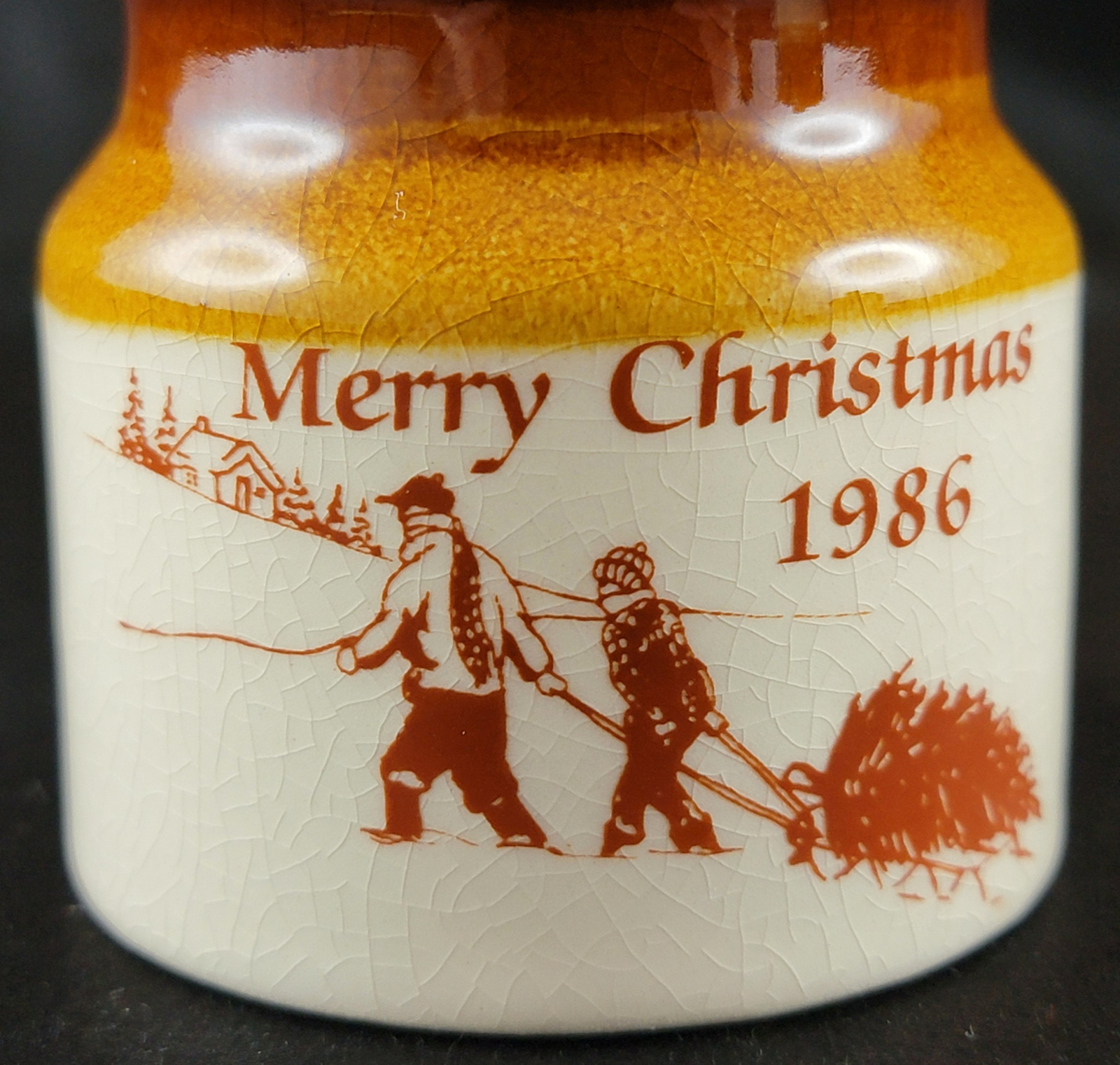 toneware Mini Crock Canisters Merry Christmas 1986 New Year 1987 Lot x2 Vintage