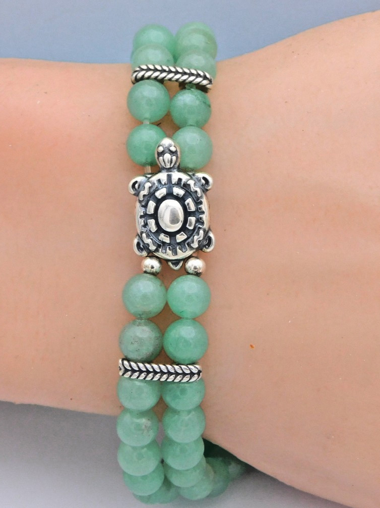 Carolyn Pollack Sterling Double Row Green Variscite Turtle Stretch Bracelet