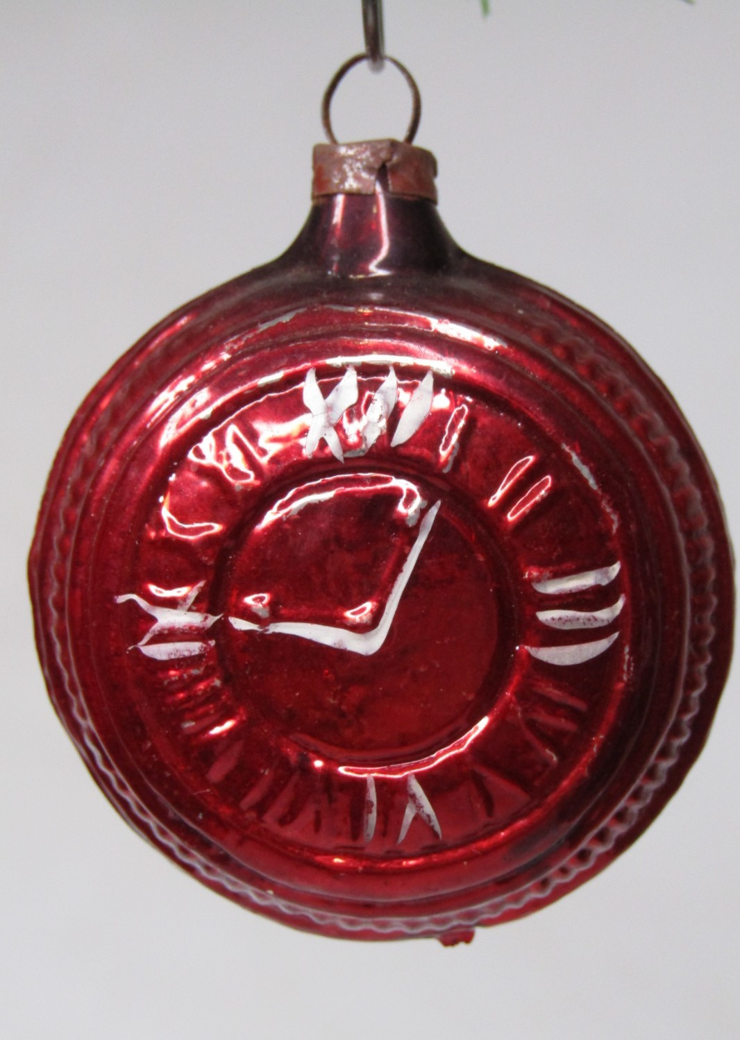 Vintage Glass Xmas Embossed CLOCK Past Midnight Christmas Ornament Germany Red