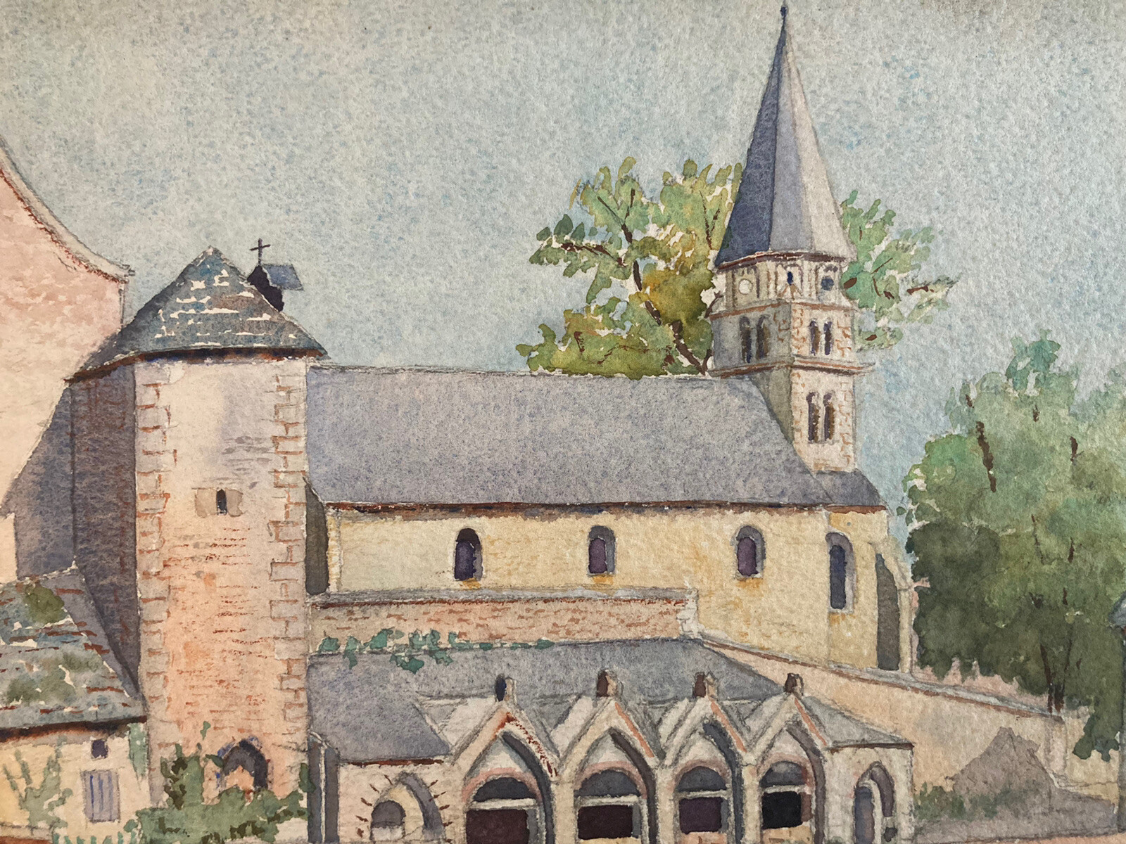 1943 Watercolor Painting Church Architecture Of Brittany Art Monument Drawing