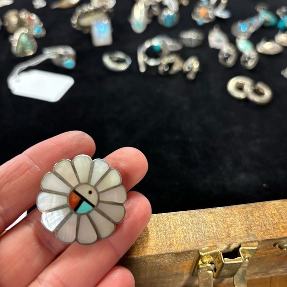Vintage Zuni, Sunburst, smothered pearl turquoise Onyx, coral inlay ring