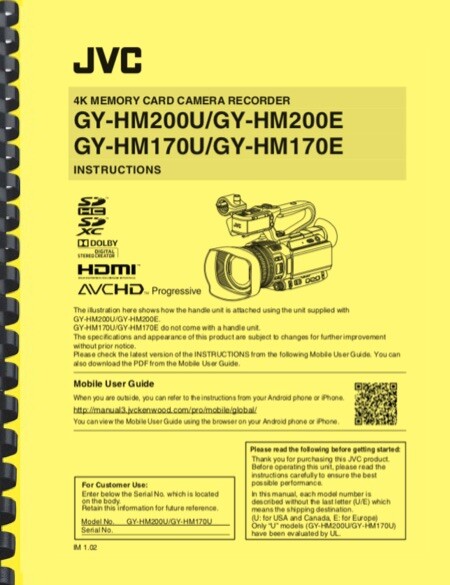 JVC GY-HM200 GY-HM170 Camcorder OWNER'S INSTRUCTION MANUAL