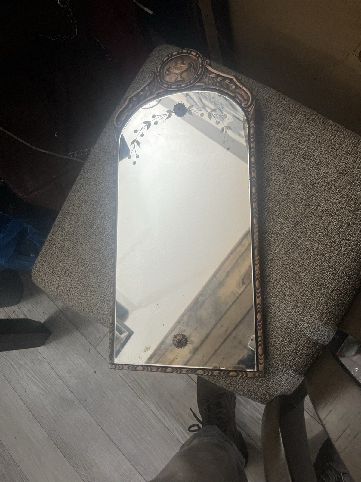Vintage Antique Framed Wall Mirror with decorative carvings 19” X 9”