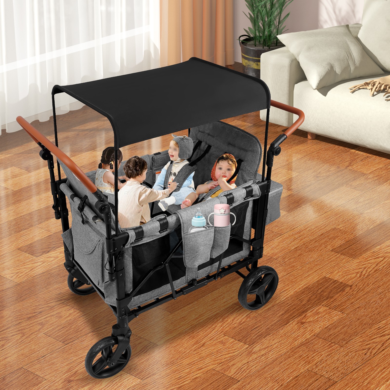Stroller Wagon for 4 Kids, Wagon Cart Featuring 4 High Seat, Foldable Double US