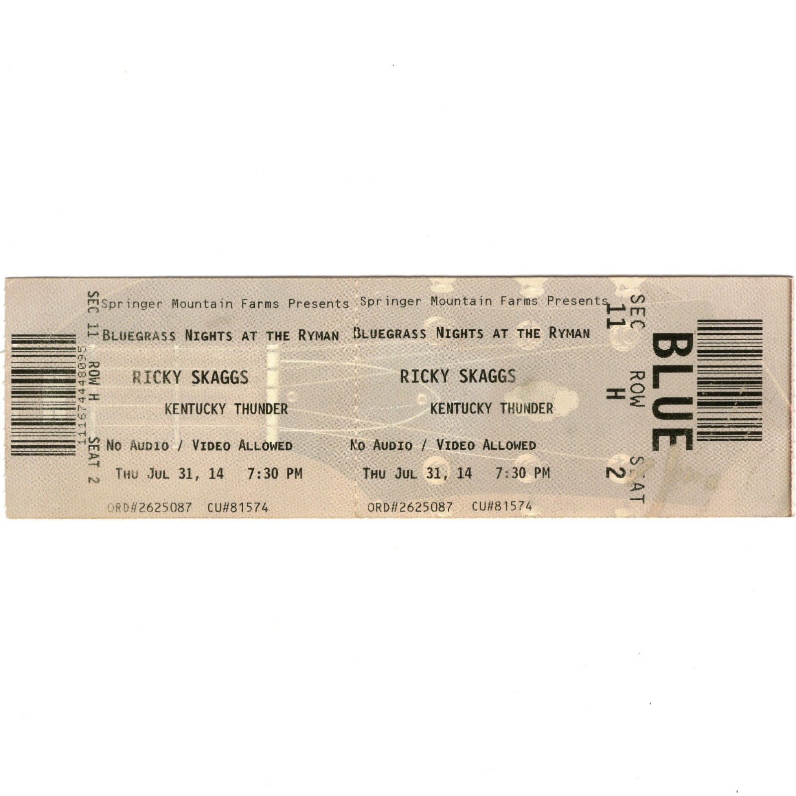 RICKY SKAGGS & KENTUCKY THUNDER Concert Ticket Stub NASHVILLE TN 7/31/14 RYMAN