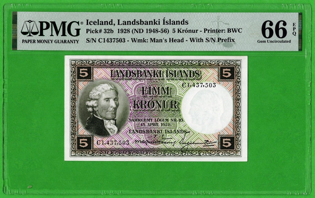 Iceland 5 Kronur 1928 P32b,  PMG66, EPQ,  Gem Unc * Series C *