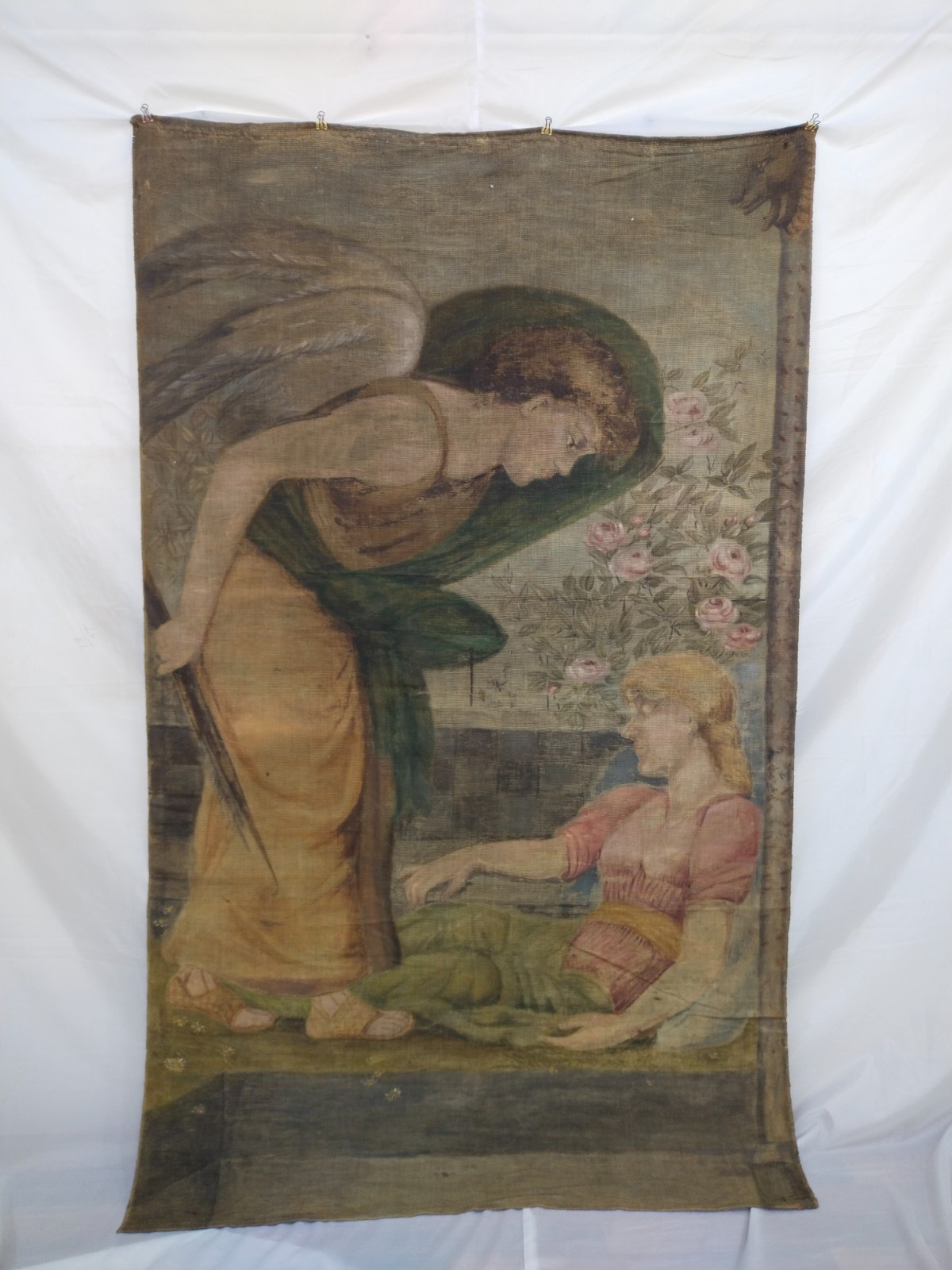 Vintage French Hand Painted Tapestry Wall Hanging Large Textile Art Home Decor