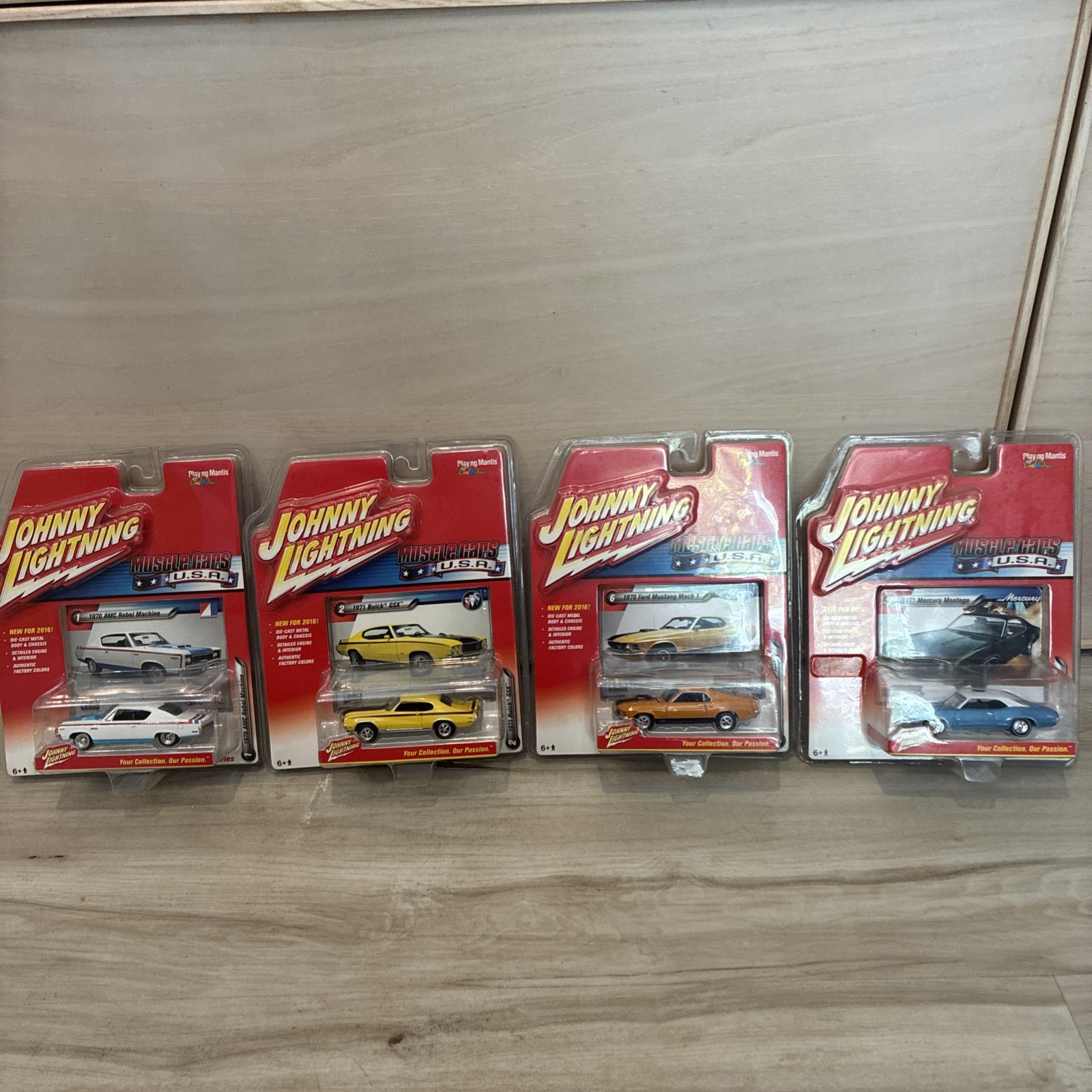 2016 Johnny Lightning 1:64 Muscle Cars 4 LOT AMC Rebel, GSX, 70 Mustang ,Montego