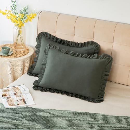 Pillow Shams Set of 2 Washed 100% Cotton Standard 20x26 Inches Olive Green