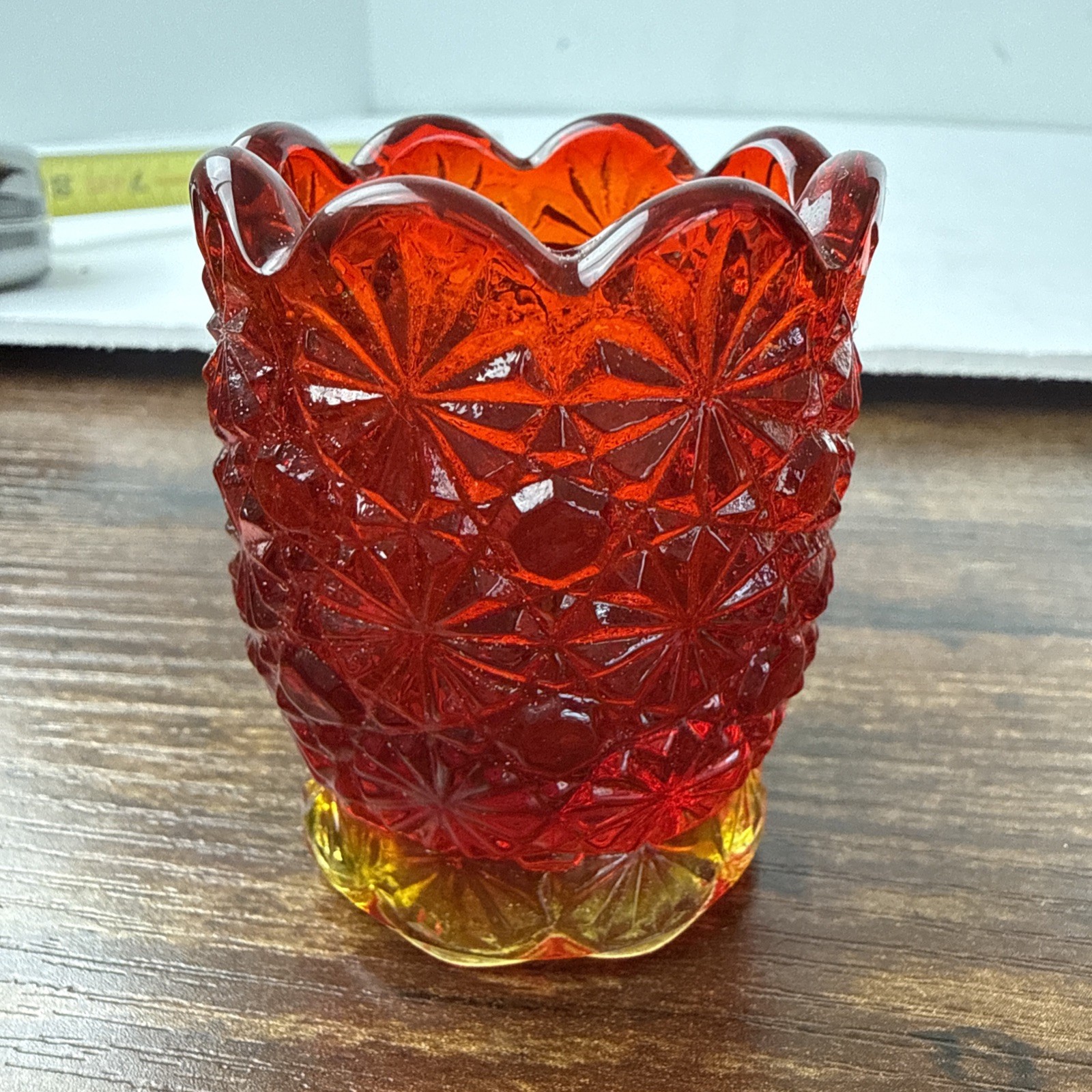 Vintage LE Smith Glass Amberina Daisy and Button Toothpick Holder GLOWS