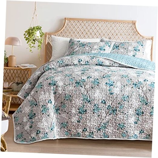  Botanical Quilt Set Twin Twin-68" x 86" (1 Quilt + 1 Sham) Grey/Aqua Botanical