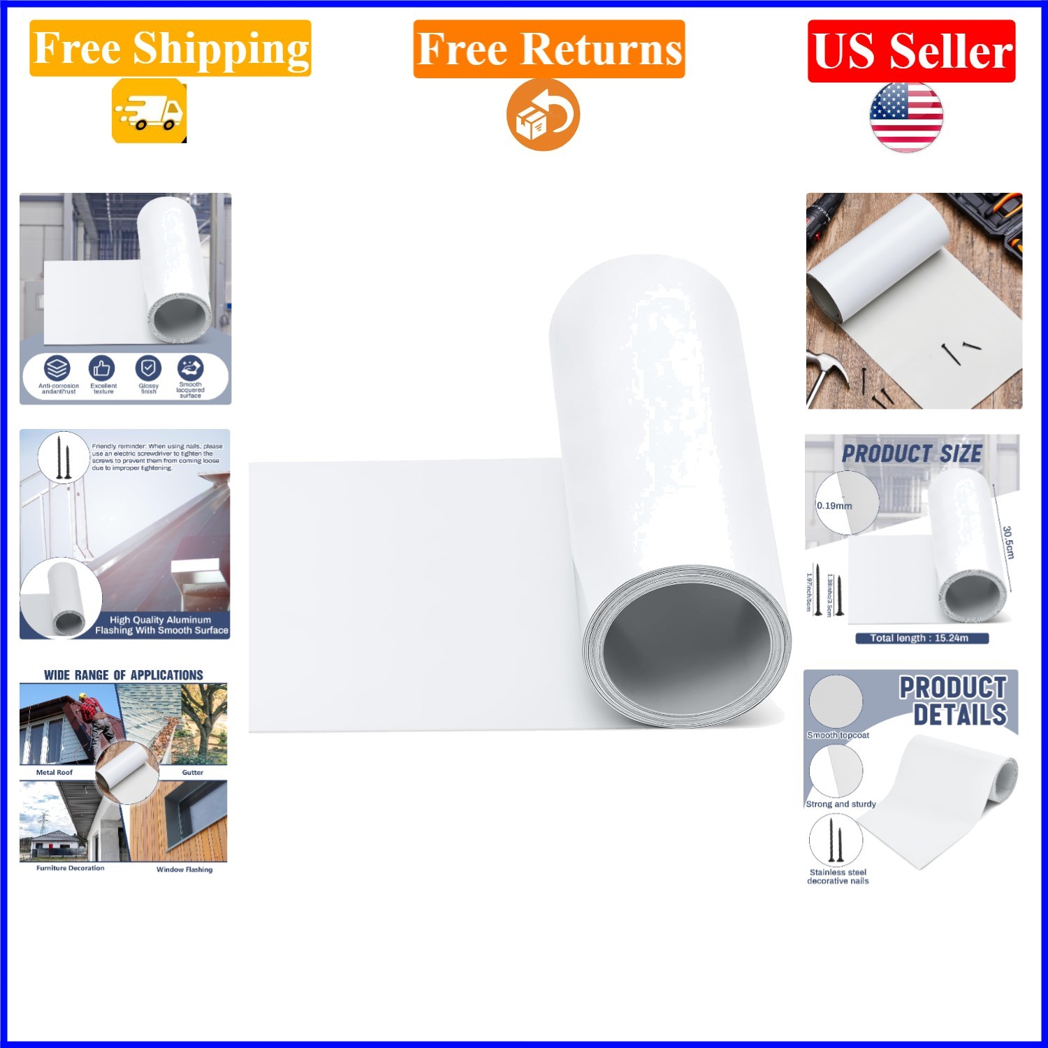 White Aluminum Roof Flashing Roll 12x50ft for Weatherproofing & Moss Prevention