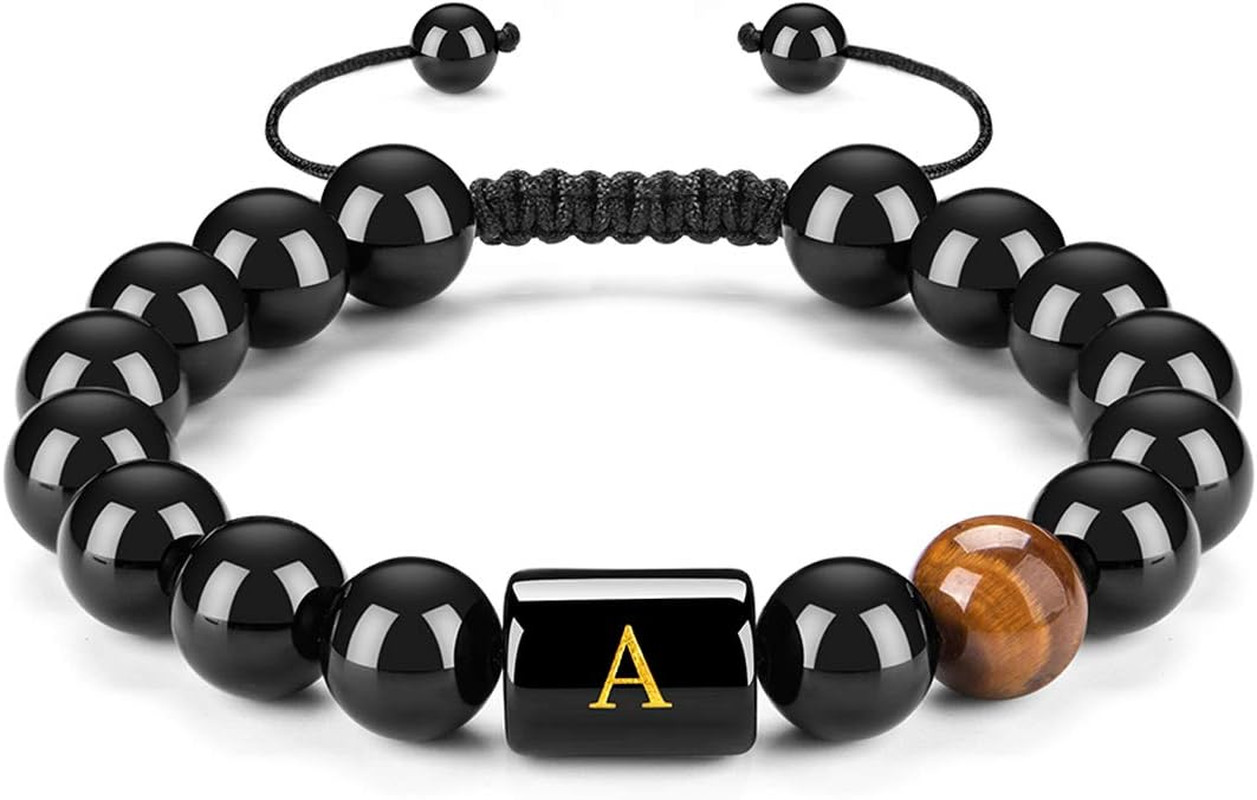 Initials Bracelets for Men Letter Link Handmade Natural Black Onyx Tiger Eye Sto