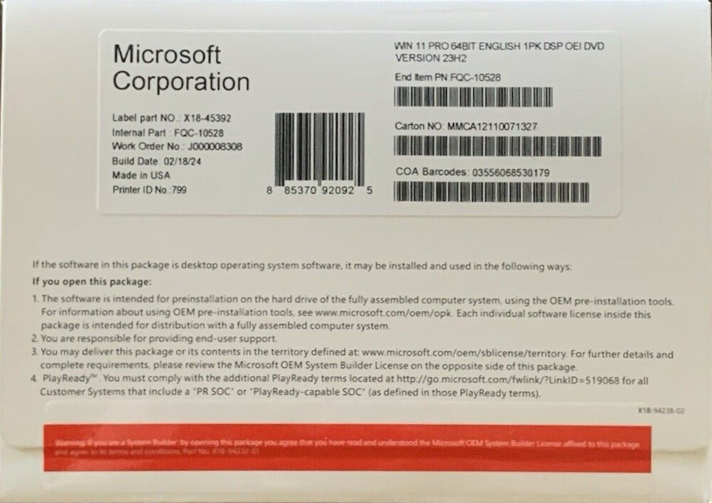 Windows Win 11 pro 64 bit installation DVD w/ Genuine License Product Key Sealed