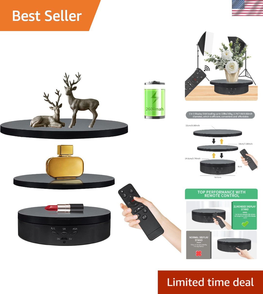 Elegant Remote Motorized Turntable for Photography – 360° Rotation, 8.66 Inch