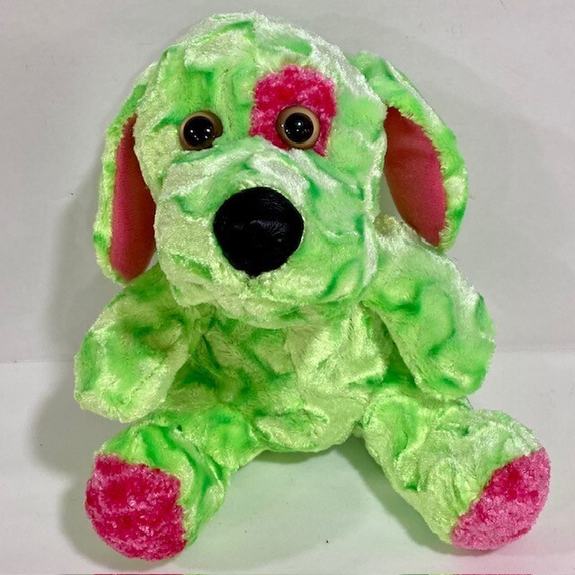 Shalom Toy Co. Green and Pink Dog Plush Stuffed Animal Toy with Collar 7"